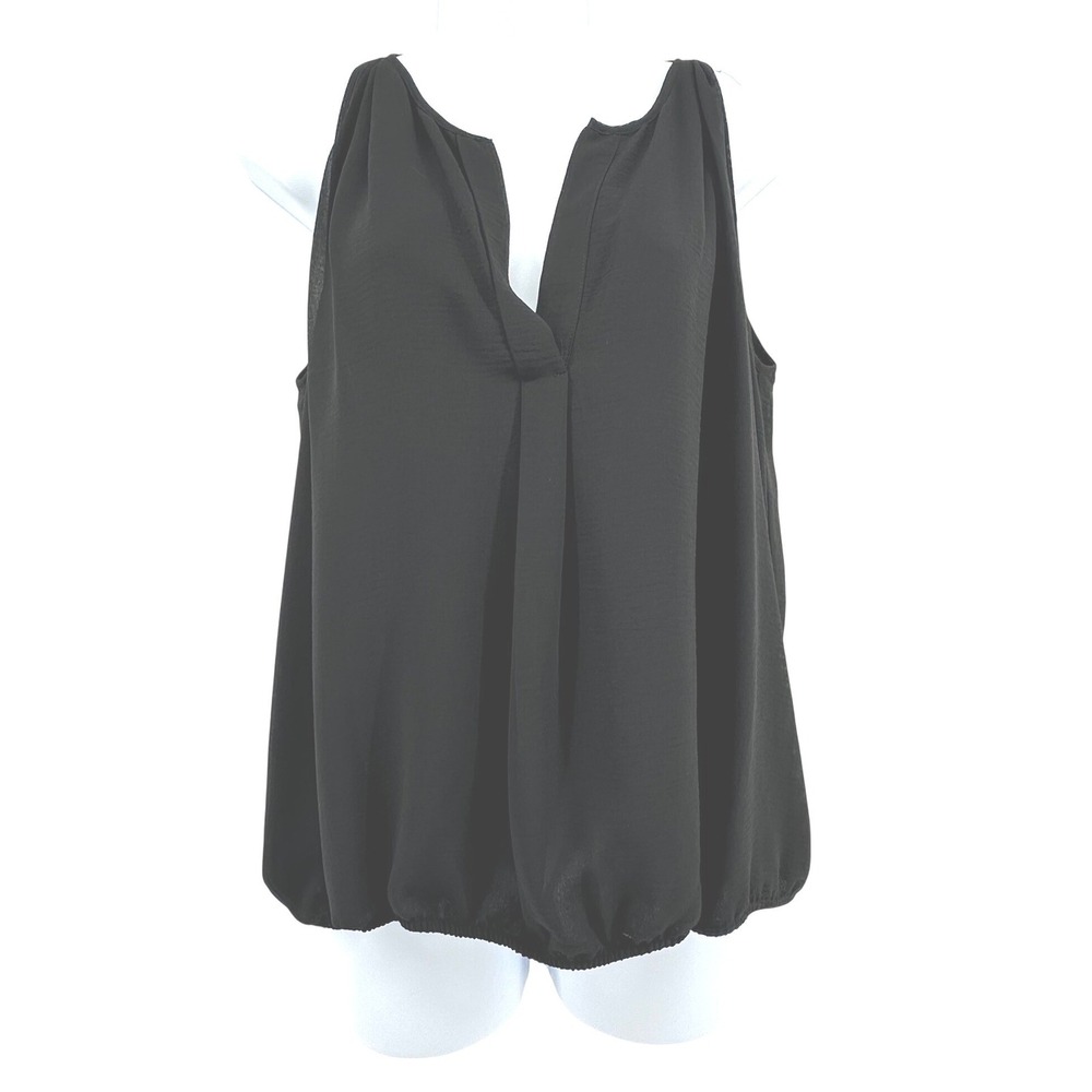Studio M Tank Top Womens Medium Black Sleeveless V-Neck Bubble Hem Blouse NEW